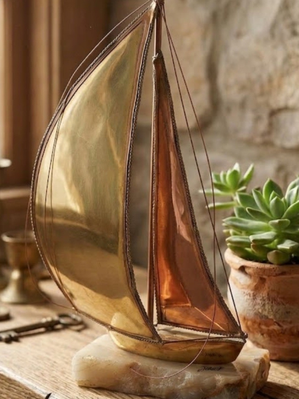 ​Vintage DeMott Brass & Copper Sailboat Sculpture Signed Art
